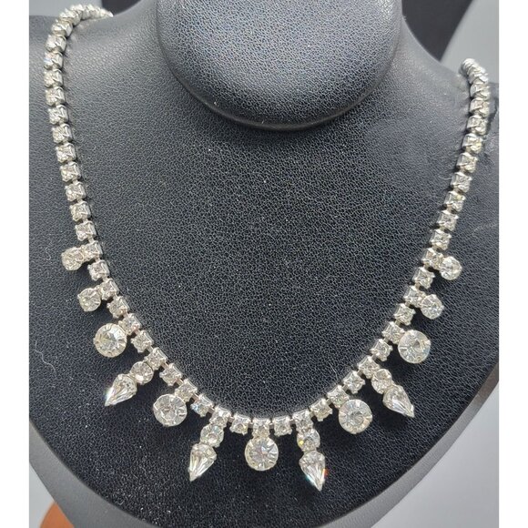 Vintage Garne Jewelry Rhinestone Choker Necklace 15" Clear Prong Set Stones - Picture 1 of 7